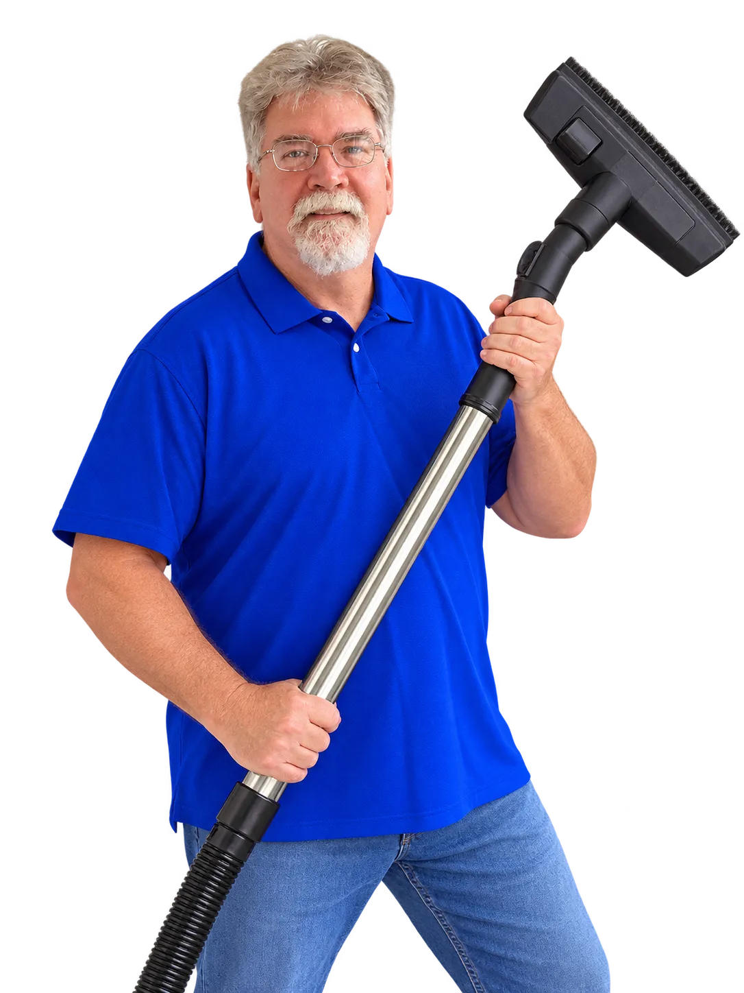 Smiling ABCO Carpet Cleaning team member in a blue polo shirt holding a vacuum wand